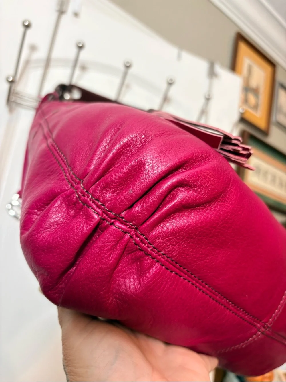 Brighton Berry Pink Leather Hobo Shoulder Bag Scalloped Floral Strap F146897